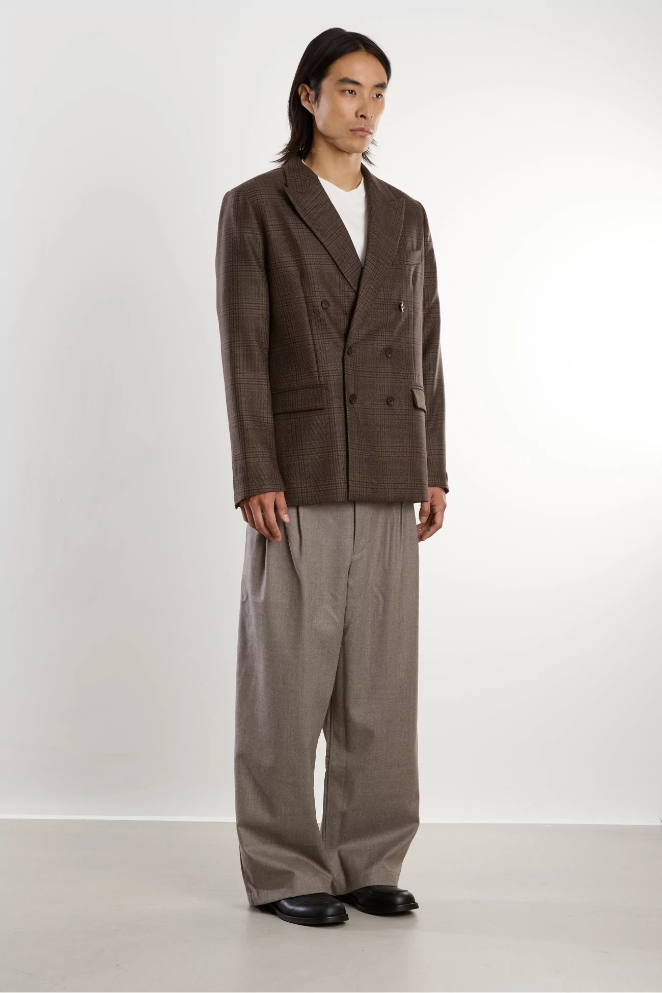 Linen Double Breasted Peak Blazer – Syrah Check | Centre Commercial